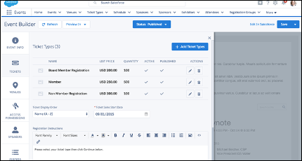You can create multiple types of Salesforce event registration and ticket prices so that each guest can register at a level that works for them.