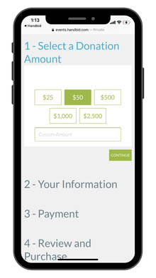 From Handbid's text-to-give donation page, donors can select their amount, input their information, and choose their payment method.