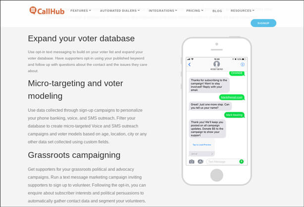 Donors can sign up for campaign updates with CallHub's text giving tool.