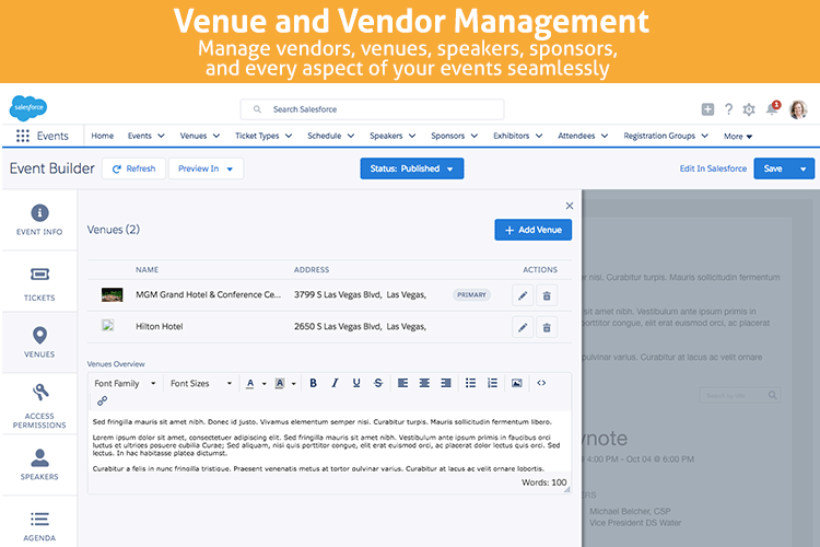 Fonteva Events, a Linvio alternative, has a great venue and vendor management system to help your organization oversee your event.